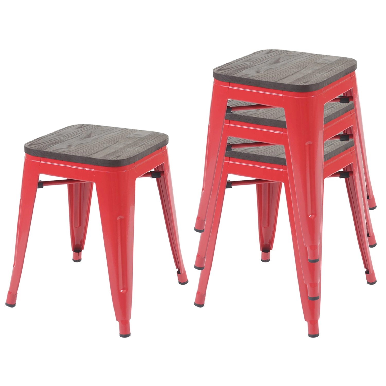PROREGAL 4er-Set Hocker Inkl. Holz-Sitzfläche Metall Industriedesign Stapelbar Rot Metallhocker Sitzhocker von PROREGAL