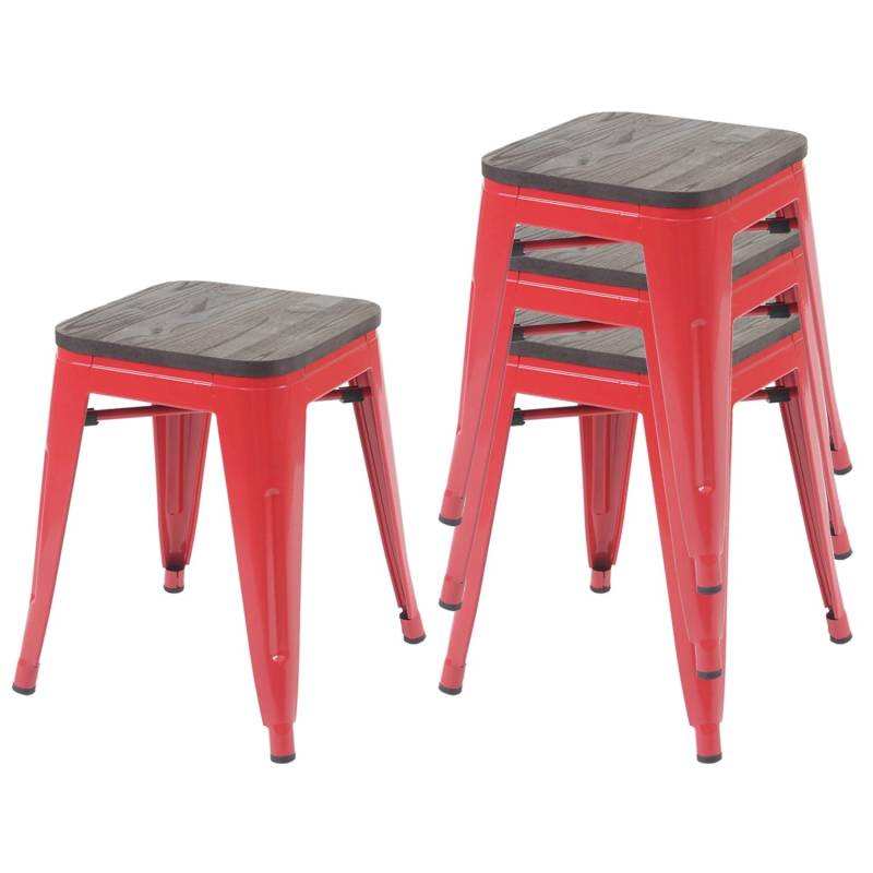PROREGAL 4er-Set Hocker Inkl. Holz-Sitzfläche Metall Industriedesign Stapelbar Rot Metallhocker Sitzhocker von PROREGAL