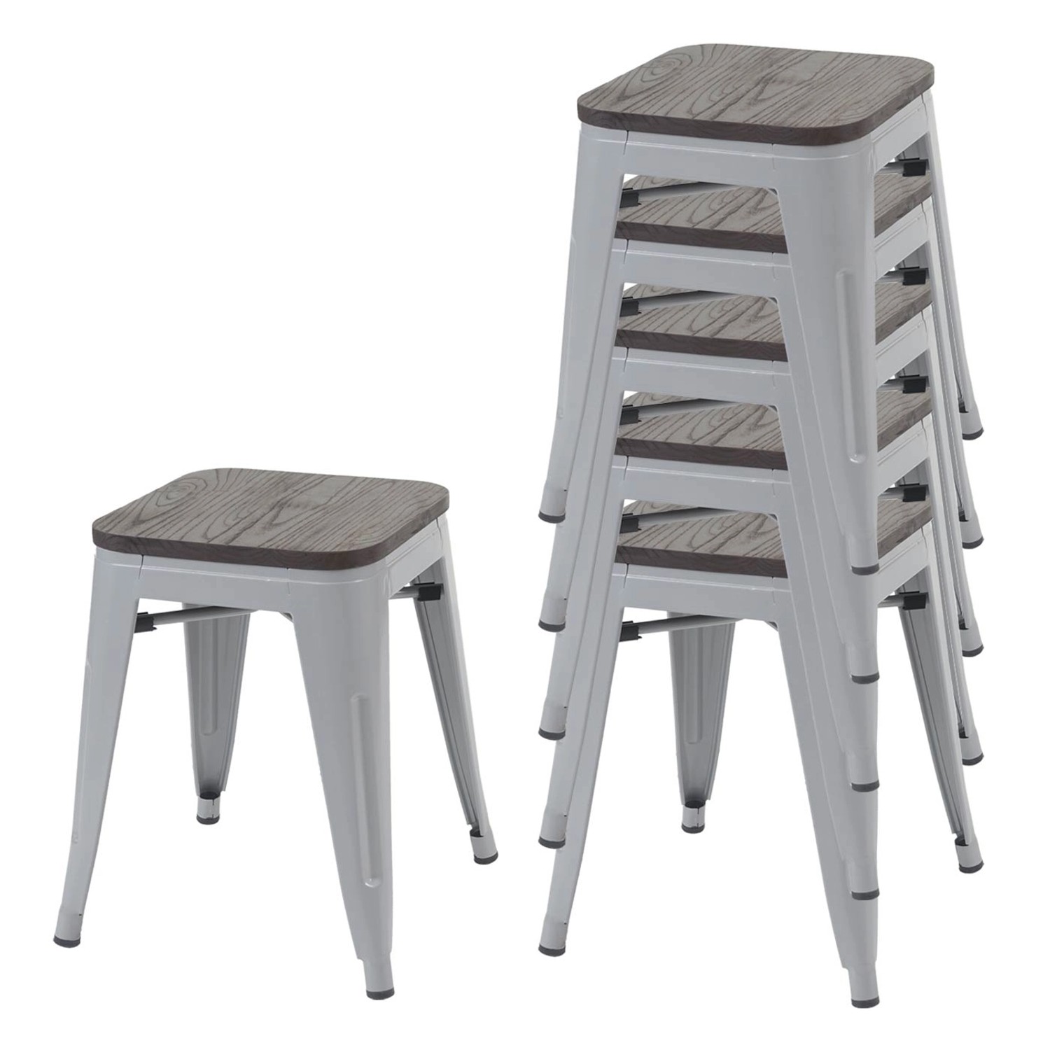 PROREGAL 6er-Set Hocker Inkl. Holz-Sitzfläche Metall Industriedesign Stapelbar Grau Metallhocker Sitzhocker von PROREGAL