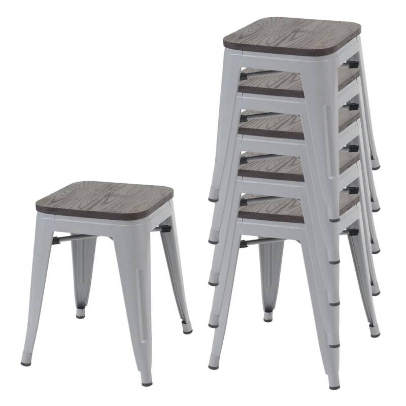 PROREGAL 6er-Set Hocker Inkl. Holz-Sitzfläche Metall Industriedesign Stapelbar Grau Metallhocker Sitzhocker von PROREGAL