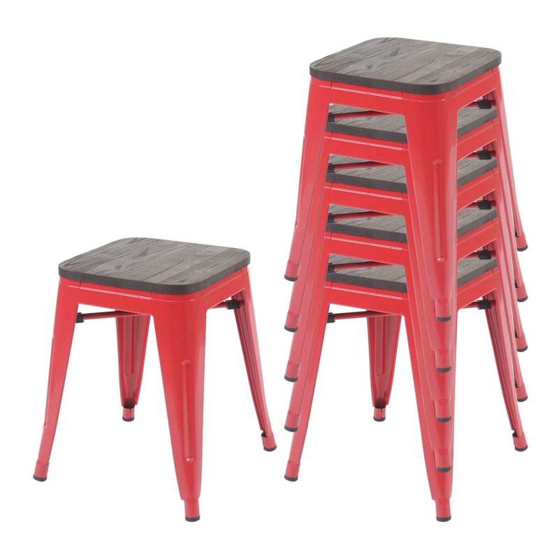 PROREGAL 6er-Set Hocker Inkl. Holz-Sitzfläche Metall Industriedesign Stapelbar Rot Metallhocker Sitzhocker von PROREGAL