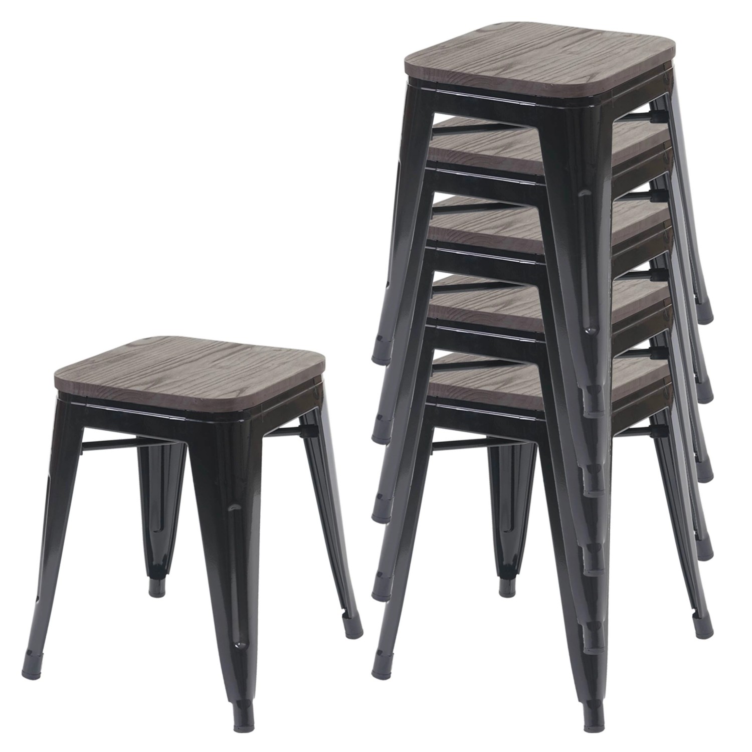PROREGAL 6er-Set Hocker Inkl. Holz-Sitzfläche Metall Industriedesign Stapelbar Schwarz Metallhocker Sitzhocker von PROREGAL