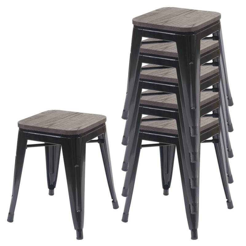 PROREGAL 6er-Set Hocker Inkl. Holz-Sitzfläche Metall Industriedesign Stapelbar Schwarz Metallhocker Sitzhocker von PROREGAL