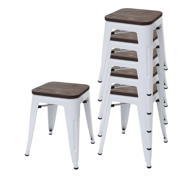 PROREGAL 6er-Set Hocker Inkl. Holz-Sitzfläche Metall Industriedesign Stapelbar Weiß Metallhocker Sitzhocker von PROREGAL