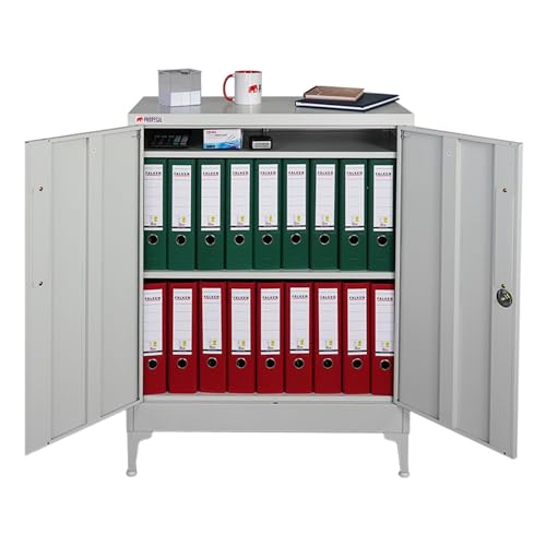 PROREGAL Aktenschrank Elephant abschließbar aus Metall mit Beinen & 2 Türen 80 cm breit 2 Ebenen Lichtgrau Mehrzweckschrank 90x80x40cm Büroschrank Metallschrank Aufbewahrungsschrank Ordnerschrank von PROREGAL