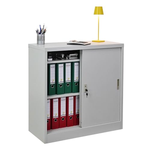 PROREGAL Aktenschrank Elephant mit abschließbaren Schiebetüren | HxBxT 90x90x40cm | 2 Fachböden | Lichtgrau | Metallschrank abschließbar Lagerschrank Ordnerschrank Büroschrank von PROREGAL