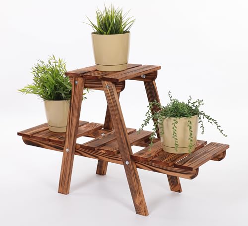 PROREGAL Blumenständer FLORACK | HxBxT 45x74x25cm | 3 Ablagen | Kieferholz | Braun Gebrannt | Pflanzenständer Pflanzenregal Blumenregal Blumentreppe Gartenregal von PROREGAL