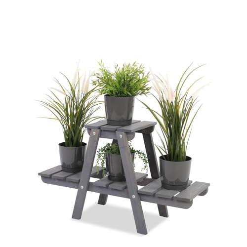 PROREGAL Blumenständer FLORACK | HxBxT 45x74x25cm | 3 Ablagen | Kieferholz | Grau | Pflanzenständer Pflanzenregal Blumenregal Blumentreppe Gartenregal von PROREGAL