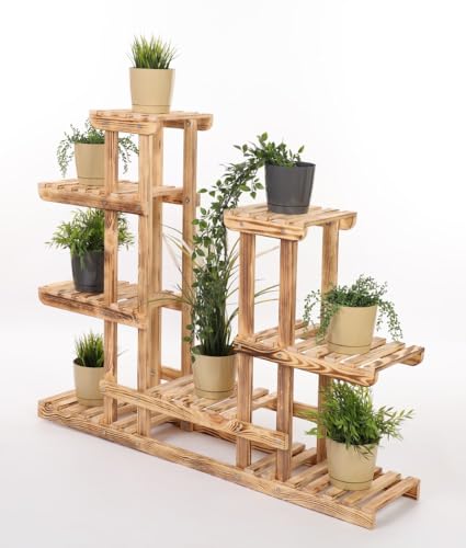 PROREGAL Blumenständer FLORANGE | HxBxT 116x95x25cm | 8 Ablagen | Kieferholz | Gebrannt | Pflanzenständer Pflanzenregal Blumenregal Blumentreppe Gartenregal von PROREGAL