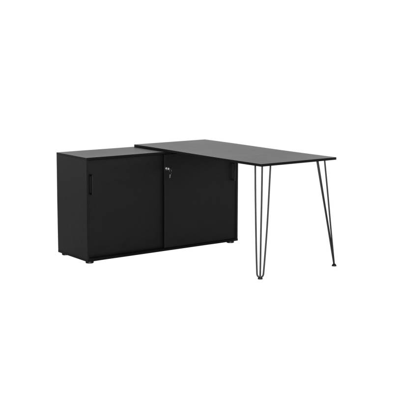 PROREGAL Eckschreibtisch Zebra HxBxT 74 x 129,5 x 145 cm Aktenschrank mit 2 Fächern & 2 Abschließbare Schiebetüren Schwarz von PROREGAL