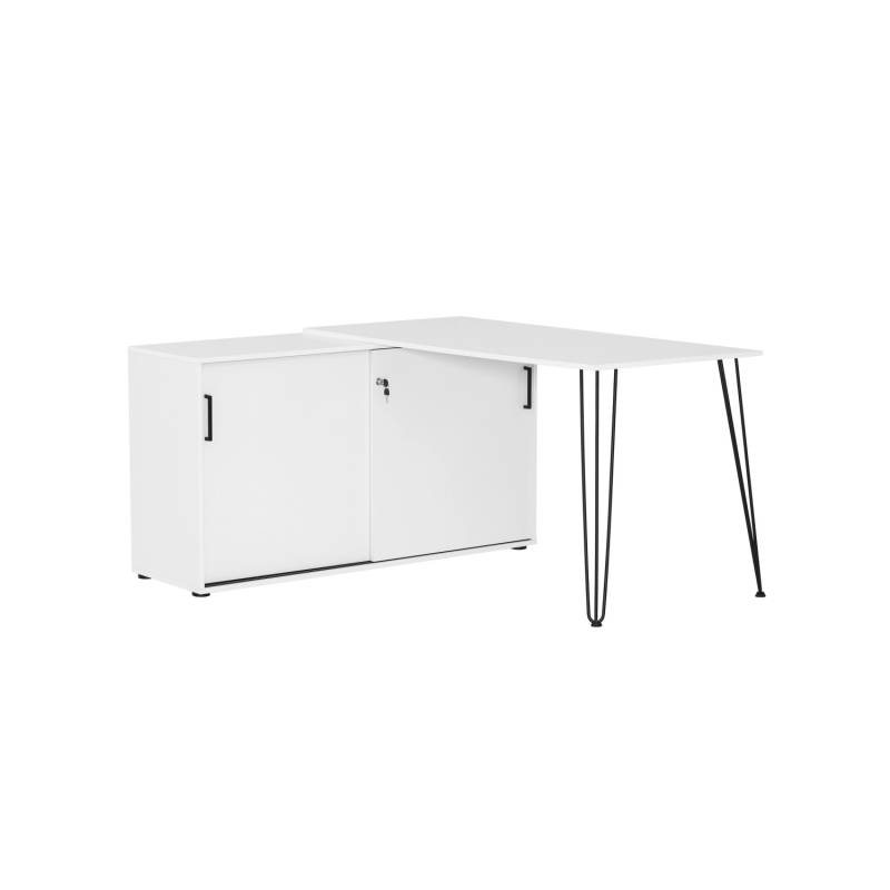 PROREGAL Eckschreibtisch Zebra HxBxT 74 x 129,5 x 145 cm Aktenschrank mit 2 Fächern & 2 Abschließbare Schiebetüren Weiß von PROREGAL