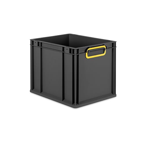 PROREGAL Eurobox NextGen Color | HxBxT 32x30x40cm | 30 Liter | Griffe gelb geschlossen | Schwarz | Eurobehälter, Transportbox, Transportbehälter, Stapelbehälter von PROREGAL
