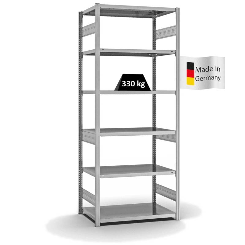 PROREGAL Fachbodenregal Stecksystem T-Profil Heavy-Duty Grundregal HxBxT 250 x 100 x 60 cm 6 Ebenen Fachlast 330 kg Beidseitig Nutzbar Verzinkt von PROREGAL