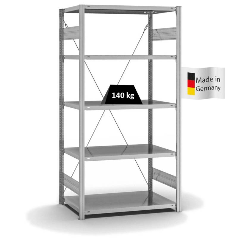 PROREGAL Fachbodenregal Stecksystem T-Profil Light-Duty Grundregal HxBxT 200 x 100 x 60 cm 5 Ebenen Fachlast 140 kg Einseitig Nutzbar Verzinkt von PROREGAL