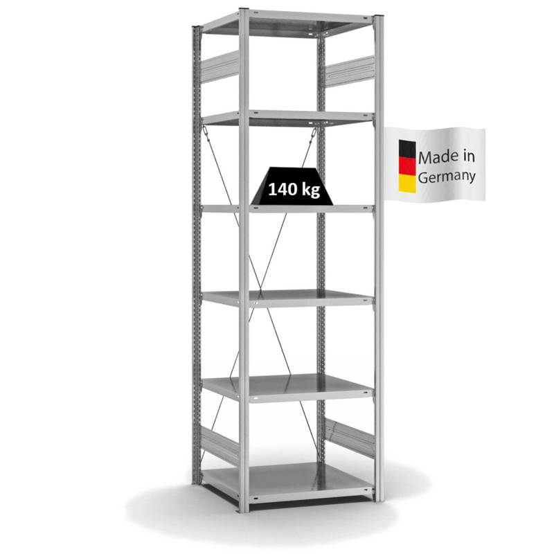 PROREGAL Fachbodenregal Stecksystem T-Profil Light-Duty Grundregal HxBxT 250 x 75 x 60 cm 6 Ebenen Fachlast 140 kg Einseitig Nutzbar Verzinkt von PROREGAL