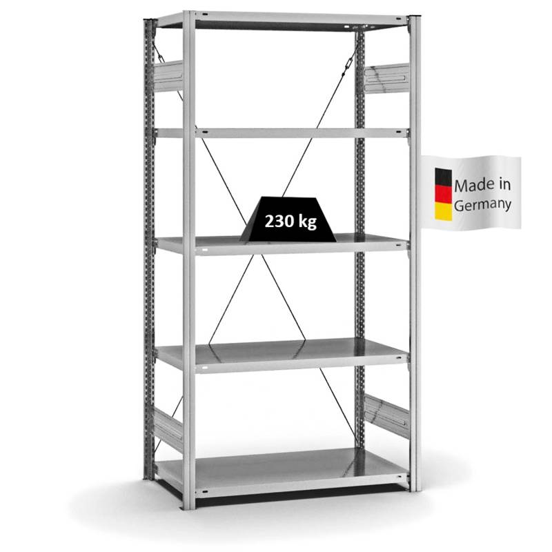 PROREGAL Fachbodenregal Stecksystem T-Profil Medium-Duty Grundregal HxBxT 200 x 100 x 50 cm 5 Ebenen Fachlast 230 kg Einseitig Nutzbar Verzinkt von PROREGAL