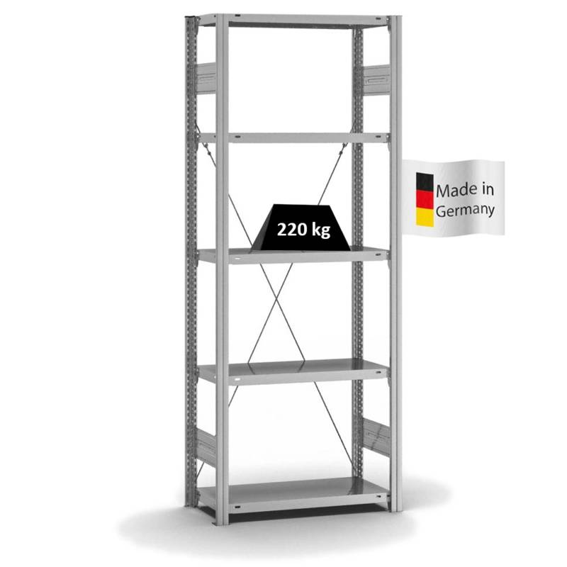 PROREGAL Fachbodenregal Stecksystem T-Profil Medium-Duty Grundregal HxBxT 200 x 75 x 30 cm 5 Ebenen Fachlast 220 kg Einseitig Nutzbar Verzinkt von PROREGAL