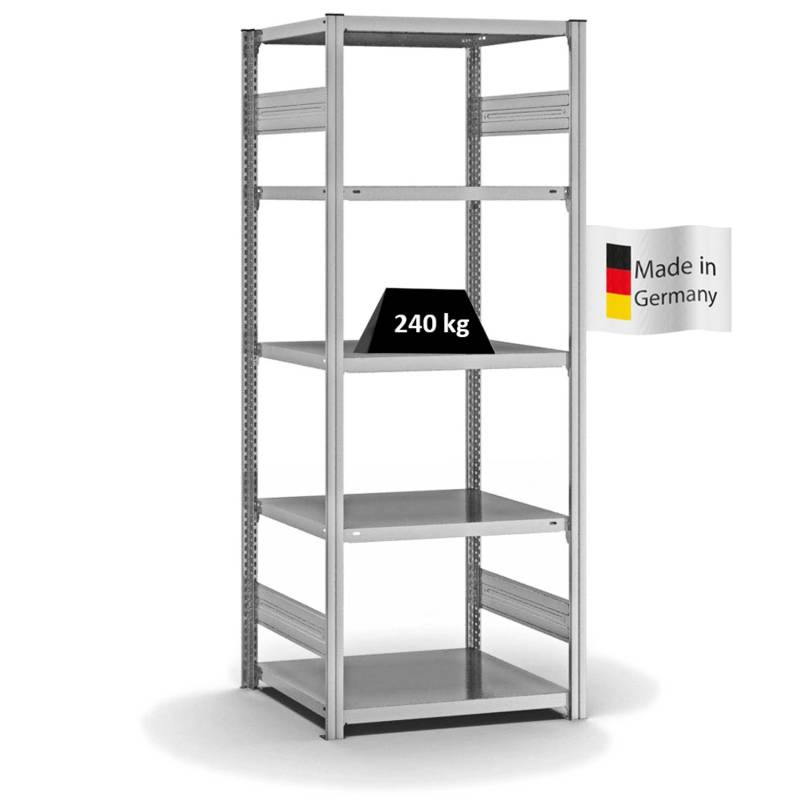 PROREGAL Fachbodenregal Stecksystem T-Profil Medium-Duty Grundregal HxBxT 200 x 75 x 60 cm 5 Ebenen Fachlast 240 kg Beidseitig Nutzbar Verzinkt von PROREGAL
