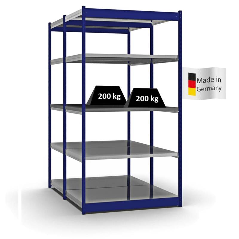 PROREGAL Fachbodenregal Stecksystem Vierkant-Profil Grundregal HxBxT 200 x 132,5 x 80 cm 2x5 Ebenen Doppelseitige Bauart Fachlast 200 kg Enzianblau von PROREGAL