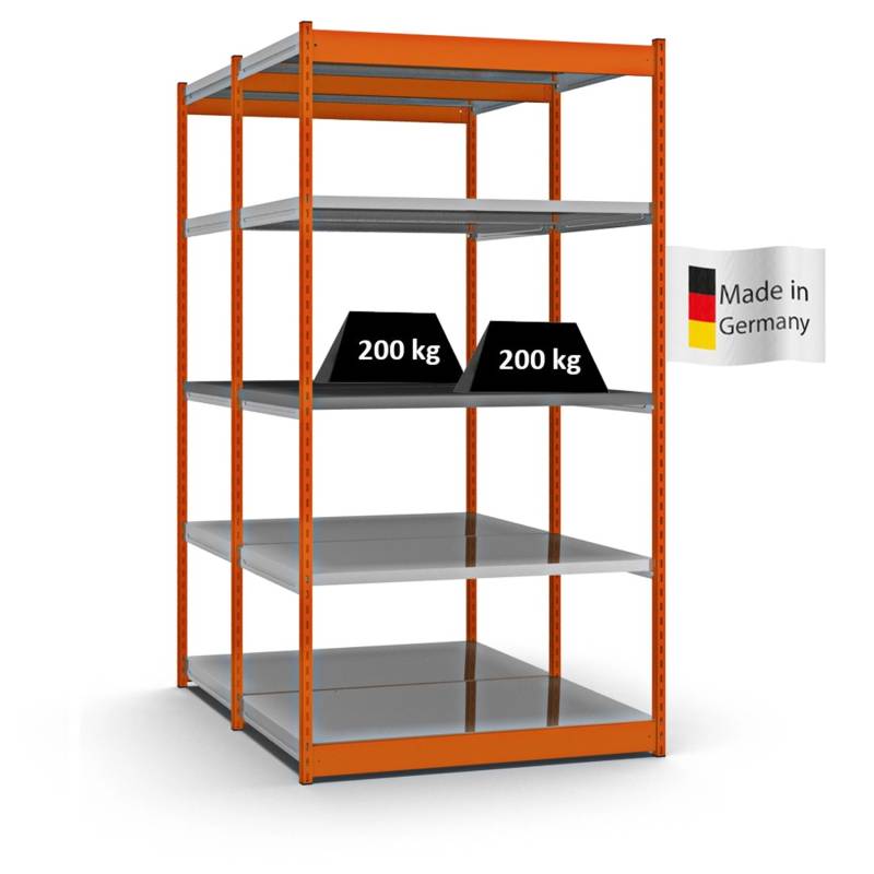 PROREGAL Fachbodenregal Stecksystem Vierkant-Profil Grundregal HxBxT 200 x 132,5 x 80 cm 2x5 Ebenen Doppelseitige Bauart Fachlast 200 kg Orange von PROREGAL