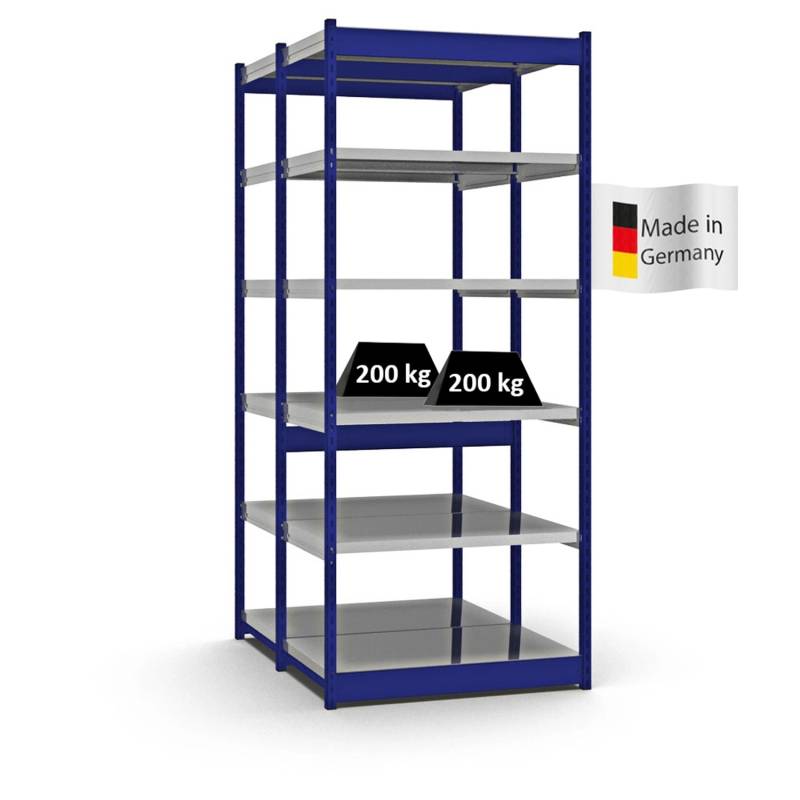 PROREGAL Fachbodenregal Stecksystem Vierkant-Profil Grundregal HxBxT 250 x 102,5 x 60 cm 2x6 Ebenen Doppelseitige Bauart Fachlast 200 kg Enzianblau von PROREGAL