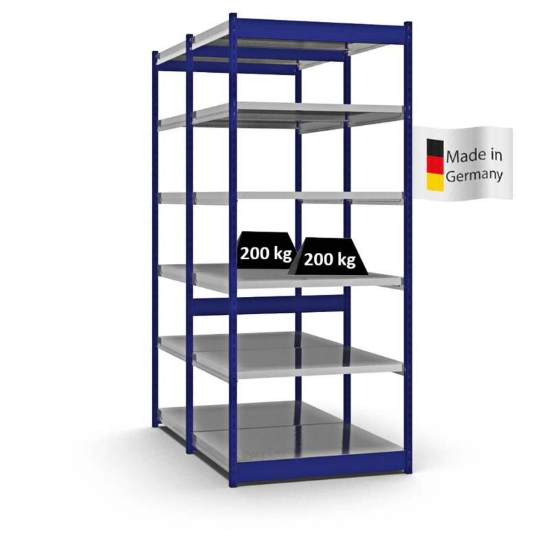 PROREGAL Fachbodenregal Stecksystem Vierkant-Profil Grundregal HxBxT 250 x 102,5 x 80 cm 2x6 Ebenen Doppelseitige Bauart Fachlast 200 kg Enzianblau von PROREGAL