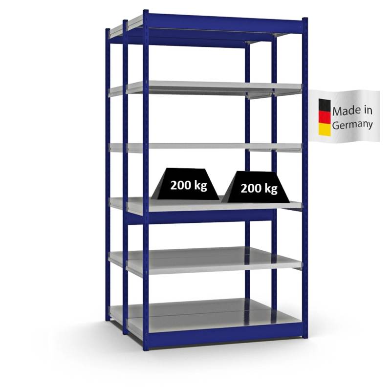 PROREGAL Fachbodenregal Stecksystem Vierkant-Profil Grundregal HxBxT 250 x 132,5 x 50 cm 2x6 Ebenen Doppelseitige Bauart Fachlast 200 kg Enzianblau von PROREGAL