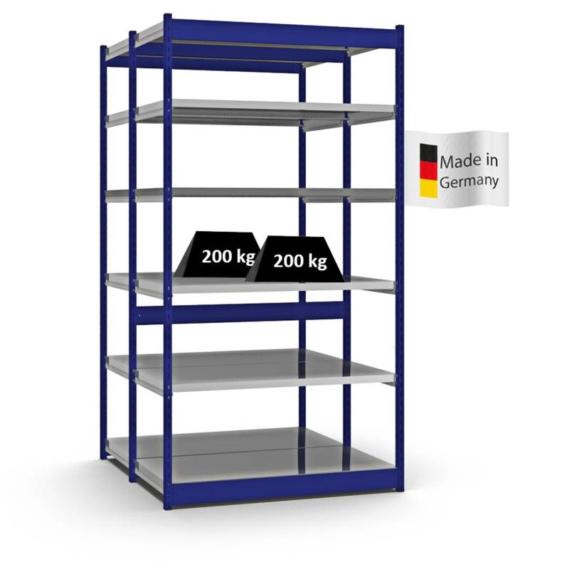PROREGAL Fachbodenregal Stecksystem Vierkant-Profil Grundregal HxBxT 250 x 132,5 x 60 cm 2x6 Ebenen Doppelseitige Bauart Fachlast 200 kg Enzianblau von PROREGAL