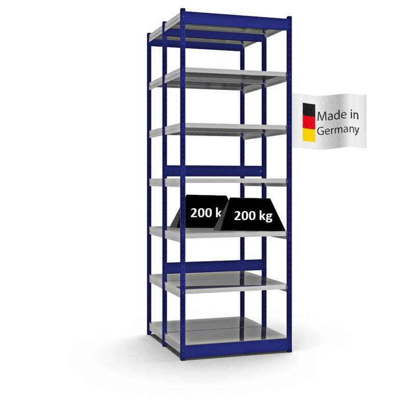 PROREGAL Fachbodenregal Stecksystem Vierkant-Profil Grundregal HxBxT 300 x 102,5 x 50 cm 2x7 Ebenen Doppelseitige Bauart Fachlast 200 kg Enzianblau von PROREGAL