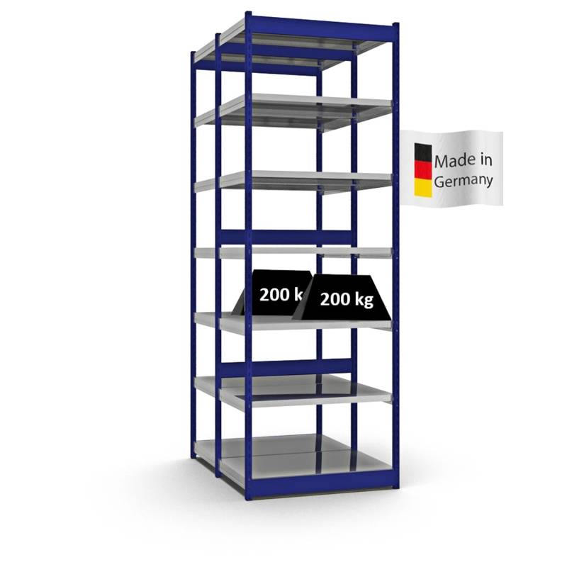 PROREGAL Fachbodenregal Stecksystem Vierkant-Profil Grundregal HxBxT 300 x 102,5 x 60 cm 2x7 Ebenen Doppelseitige Bauart Fachlast 200 kg Enzianblau von PROREGAL