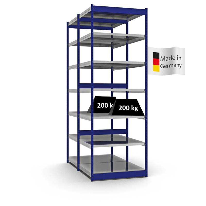 PROREGAL Fachbodenregal Stecksystem Vierkant-Profil Grundregal HxBxT 300 x 102,5 x 80 cm 2x7 Ebenen Doppelseitige Bauart Fachlast 200 kg Enzianblau von PROREGAL