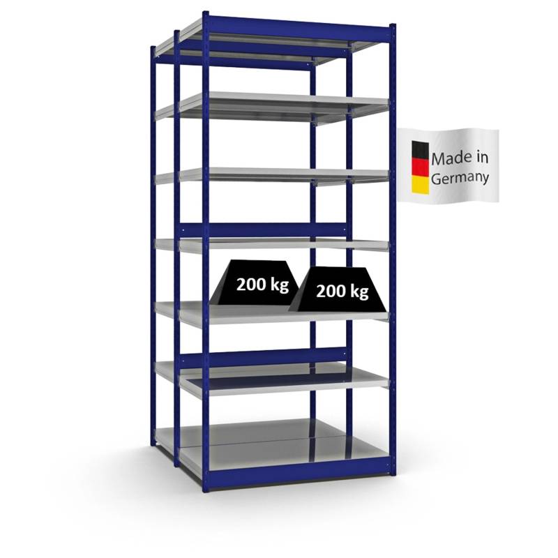 PROREGAL Fachbodenregal Stecksystem Vierkant-Profil Grundregal HxBxT 300 x 132,5 x 60 cm 2x7 Ebenen Doppelseitige Bauart Fachlast 200 kg Enzianblau von PROREGAL