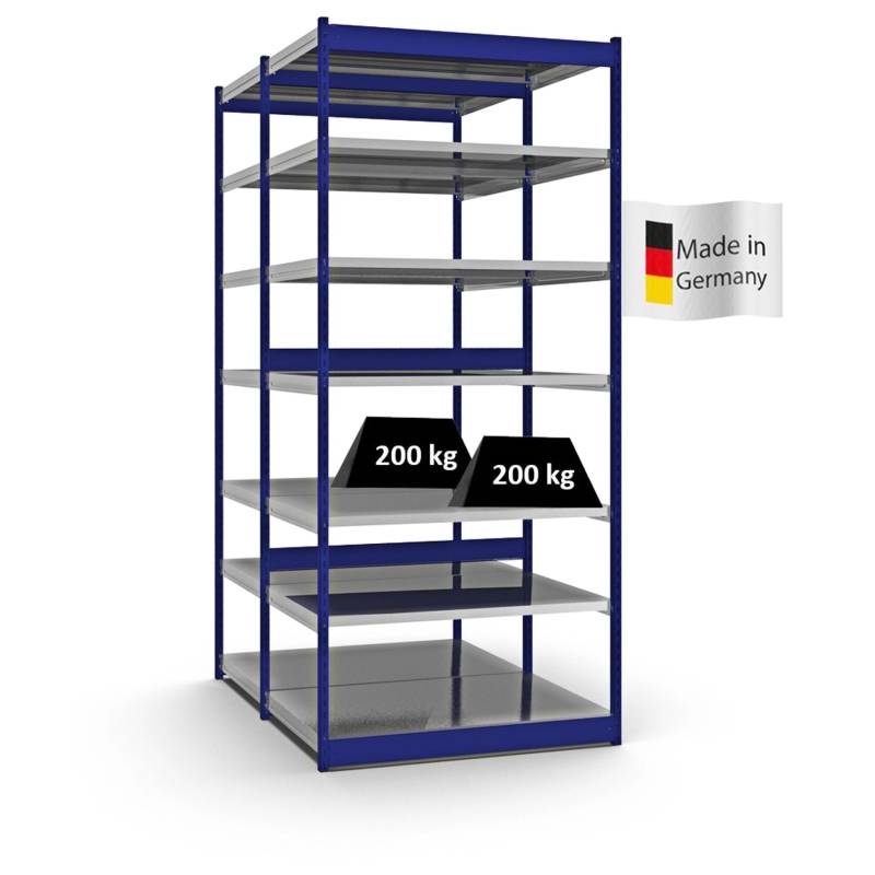 PROREGAL Fachbodenregal Stecksystem Vierkant-Profil Grundregal HxBxT 300 x 132,5 x 80 cm 2x7 Ebenen Doppelseitige Bauart Fachlast 200 kg Enzianblau von PROREGAL