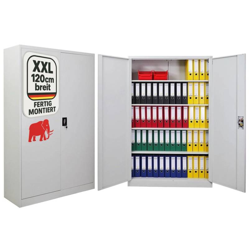 PROREGAL Flügeltürenschrank ELEPHANT Komplett Montiert Mit 2 Türen Abschließbar HxBxT 180x120x40cm 4 Ebenen Stahl Pulverbeschichtet Lichtgrau Spind von PROREGAL