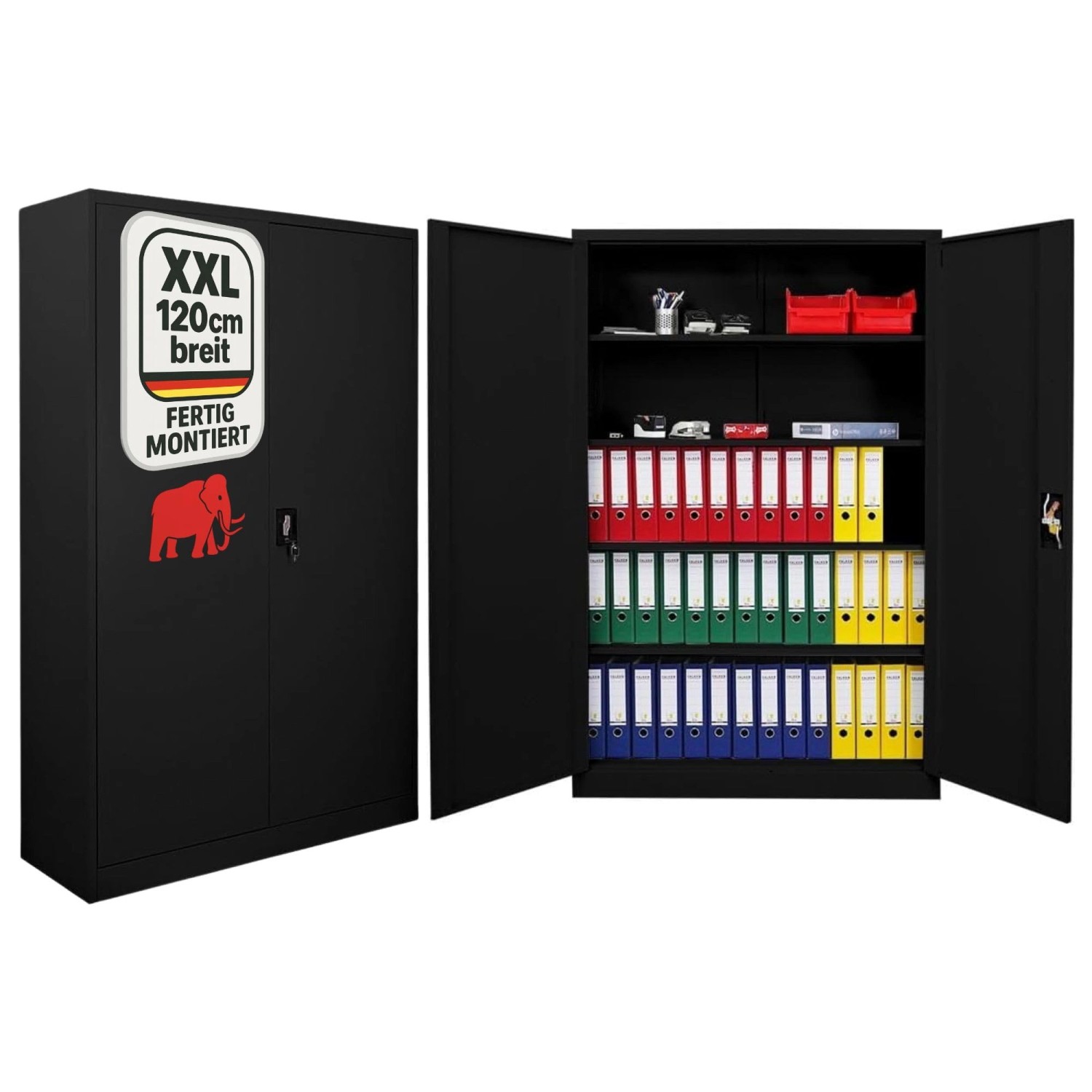 PROREGAL Flügeltürenschrank ELEPHANT Komplett Montiert Mit 2 Türen Abschließbar HxBxT 180x120x40cm 4 Ebenen Stahl Pulverbeschichtet Schwarz Spind von PROREGAL