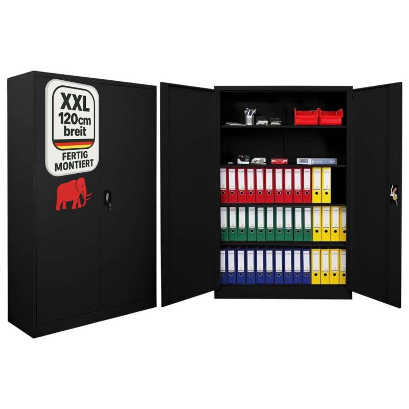 PROREGAL Flügeltürenschrank ELEPHANT Komplett Montiert Mit 2 Türen Abschließbar HxBxT 180x120x40cm 4 Ebenen Stahl Pulverbeschichtet Schwarz Spind von PROREGAL