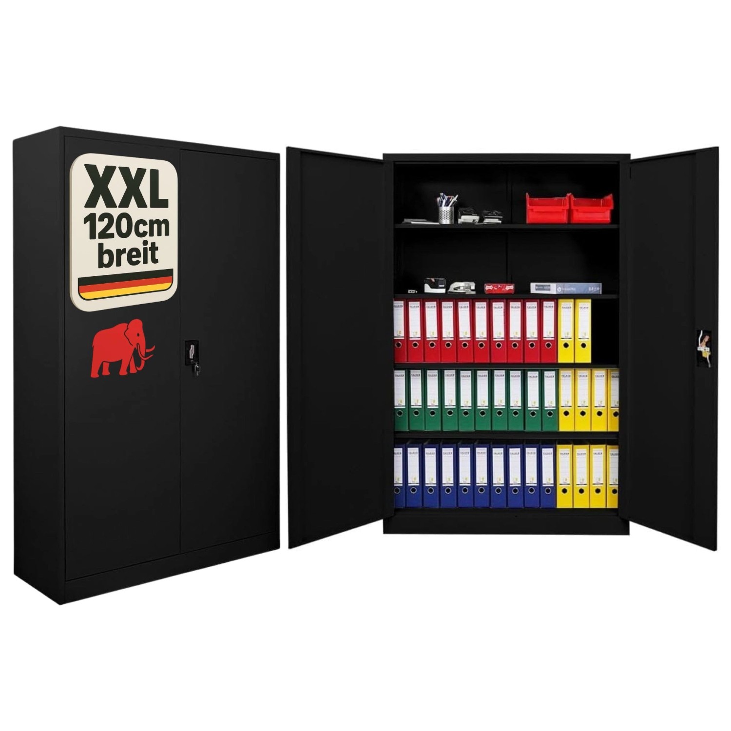 PROREGAL Flügeltürenschrank ELEPHANT Mit 2 Türen Abschließbar HxBxT 180x120x40cm 4 Ebenen Stahl Pulverbeschichtet Schwarz Spind Aktenschrank von PROREGAL