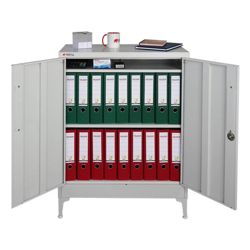 PROREGAL Flügeltürenschrank ELEPHANT Mit Beinen & 2 Türen Abschließbar HxBxT 90x80x40cm 2 Ebenen Stahl Pulverbeschichtet Lichtgrau von PROREGAL