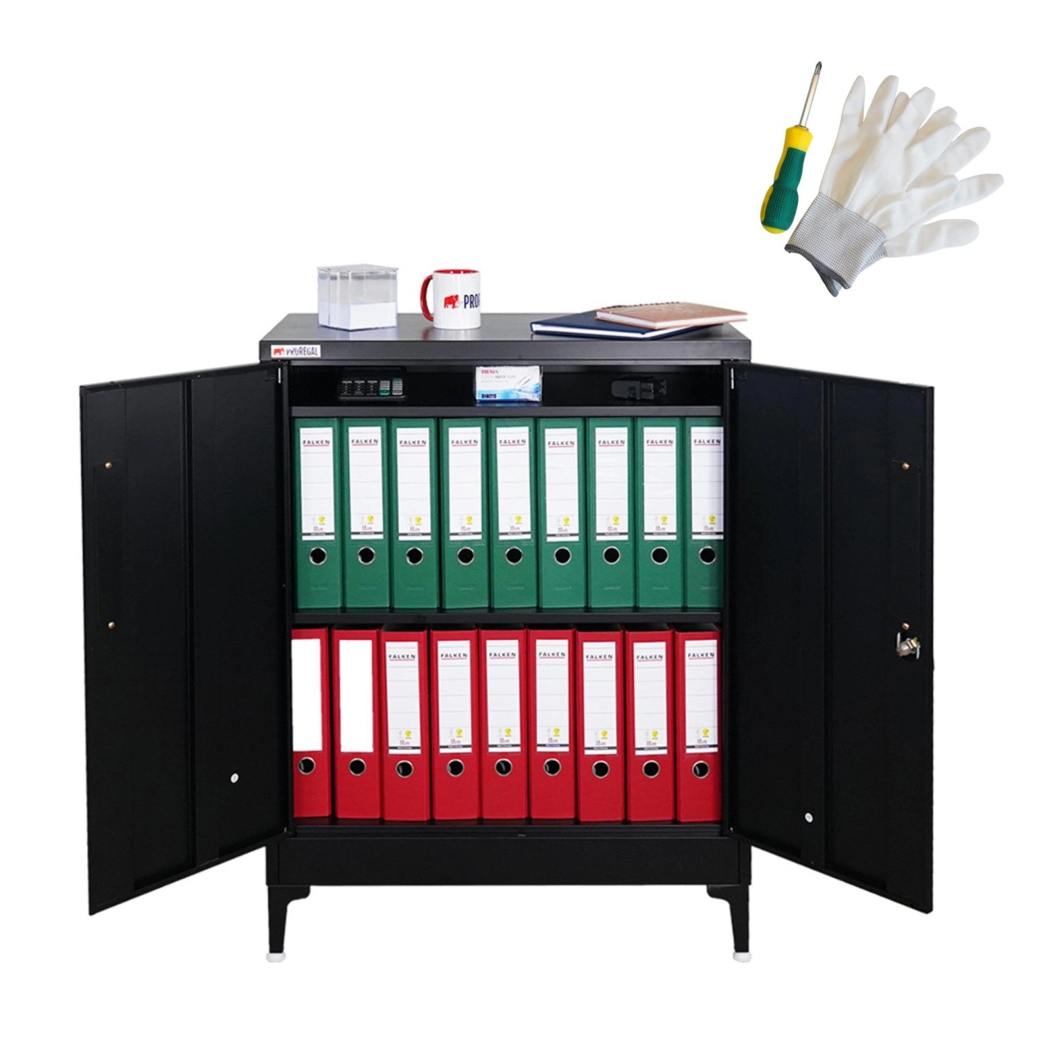 PROREGAL Flügeltürenschrank ELEPHANT Mit Beinen & 2 Türen Abschließbar HxBxT 90x80x40cm 2 Ebenen Stahl Pulverbeschichtet Schwarz von PROREGAL