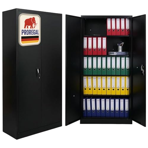 PROREGAL Flügeltürenschrank Elephant Metall Aktenschrank abschließbar 2 Türen 180x80x40cm Stahl 4 Ebenen Stahlschrank Pulverbeschichtung Schwarz Werkstattschrank Mehrzweckschrank Büroschrank von PROREGAL