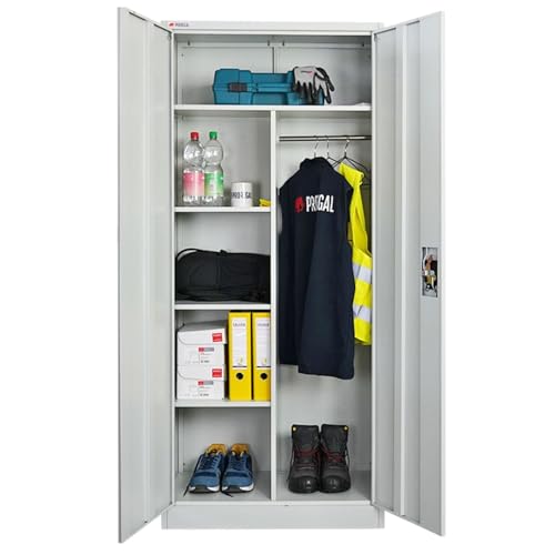 PROREGAL Flügeltürenschrank Elephant Metall Aktenschrank komplett montiert abschließbar 2 Türen 180x80x40cm Stahl 6 Fächern & Kleiderstange Stahlschrank Pulverbeschichtung Lichtgrau Garderobenschrank von PROREGAL