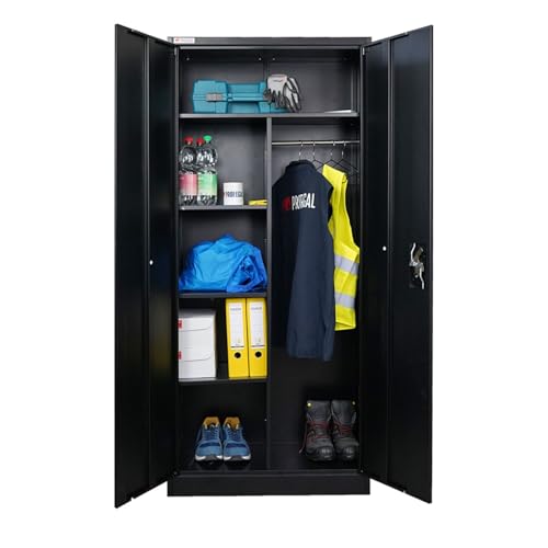 PROREGAL Flügeltürenschrank Elephant Metall Aktenschrank komplett montiert abschließbar 2 Türen 180x80x40cm Stahl 6 Fächern & Kleiderstange Stahlschrank Pulverbeschichtung Schwarz Garderobenschrank von PROREGAL
