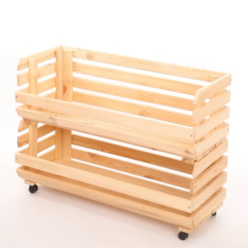 PROREGAL Gemüseregal VeggieRoll mit Rollen | HxBxT 55x77x30 cm | 2 Holzkisten | Holz | Natur | Aufbewahrungskiste Stapelkisten Kartoffelkiste von PROREGAL