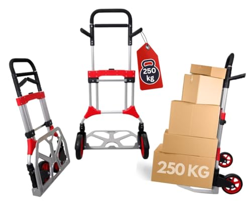 PROREGAL Klappbare Profi-Sackkarre Elephant | HxBxT 112x60x61cm | Traglast 250kg | Aluminium, ergonomische Griffe, Leichtlauf-Vollgummiräder | Schwarz-Rot-Silber | Transportkarre Staplerkarre von PROREGAL