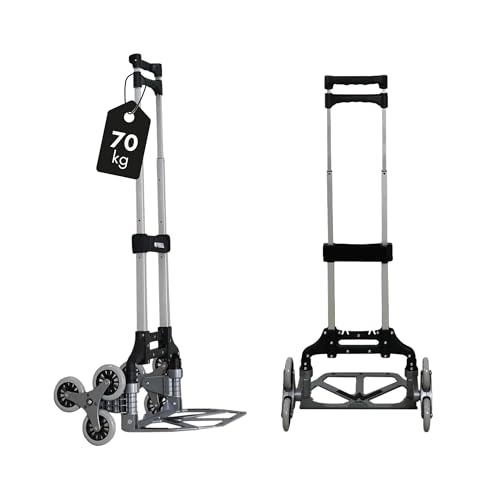 PROREGAL Klappbare Treppensackkarre Elephant | Traglast 70kg | Aluminium 4 kg leicht | Vollgummireifen ergonomische Griffe große Schaufel | Silber | Sackkarre für Treppen Treppensteiger von PROREGAL