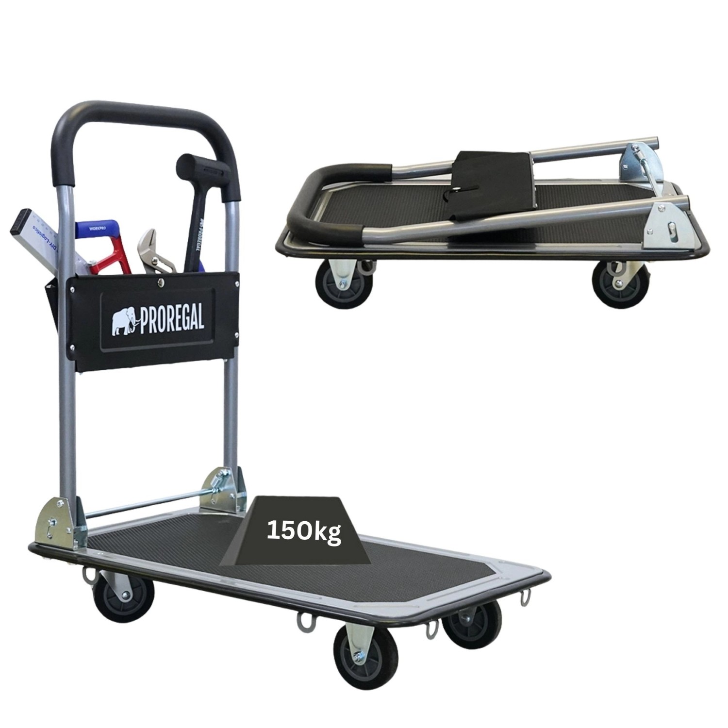 PROREGAL Klappbarer Profi-Transportwagen RHINO 150 Werkzeugtasche & 6 Sicherungsösen Traglast 150kg Vollgummibereifung von PROREGAL