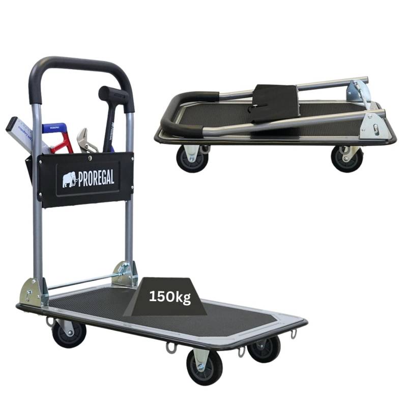 PROREGAL Klappbarer Profi-Transportwagen RHINO 150 Werkzeugtasche & 6 Sicherungsösen Traglast 150kg Vollgummibereifung von PROREGAL