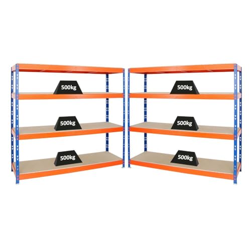 PROREGAL Mega Deal | 2X Profi Schwerlastregal Rhino | HxBxT 180x200x60cm | 4 Spanplatten-Ebenen 16mm | Fachlast 500kg | Blau-Orange | Garagenregal Lagerregal Steckregal Weitspannregal von PROREGAL