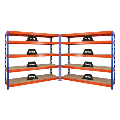 PROREGAL Mega Deal | 2X Profi Schwerlastregal Rhino | HxBxT 180x200x60cm | 5 Spanplatten-Ebenen 8mm | Fachlast 500kg | Blau-Orange | Garagenregal Lagerregal Steckregal Weitspannregal von PROREGAL