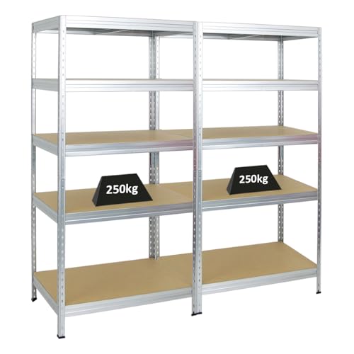 PROREGAL Mega Deal 2er-Set Schwerlastregal Rivet | HxBxT 180x90x60cm | Fachlast 250kg | Verzinkt | Innovatives Stecksystem, Verzinkt, Garagenregal, Lagerregal, Kellerregal von PROREGAL